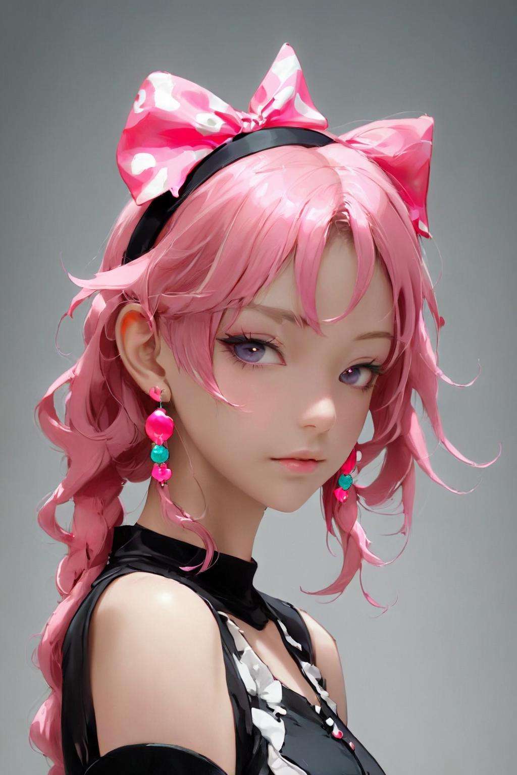 1girl,solo,earrings,black_background,letterboxed,jewelry,pink_hair,hairband,multicolored_hair,XP,niji,<lora:20230916-1694850761309:0.9>,