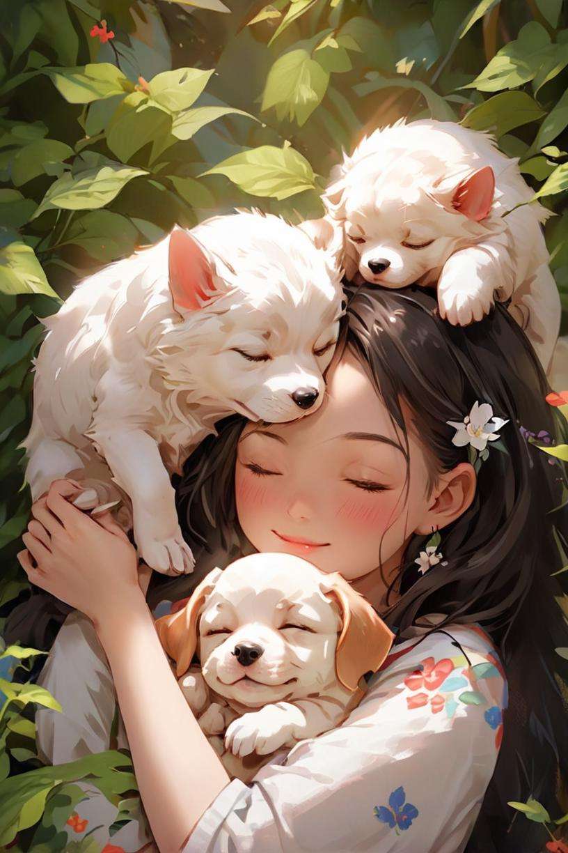 1girl with a puppy is sleeping,XP,niji,<lora:20230916-1694850761309:0.9>,