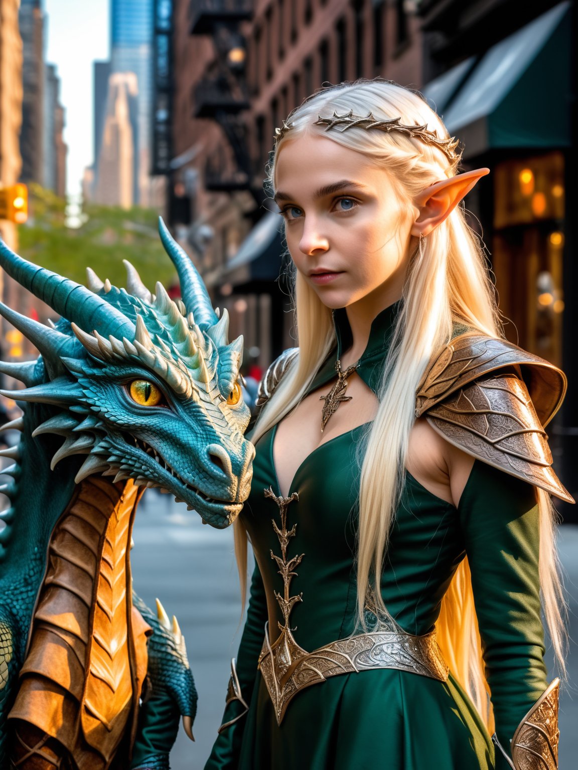 ultra highly intricate detailed 8k, UHD, HDR, professional photo, world's most beautiful an elegant lord of the ring elf girl and her pet dragon, game of throne style, (street fashion model:1.1), new york street, natural light