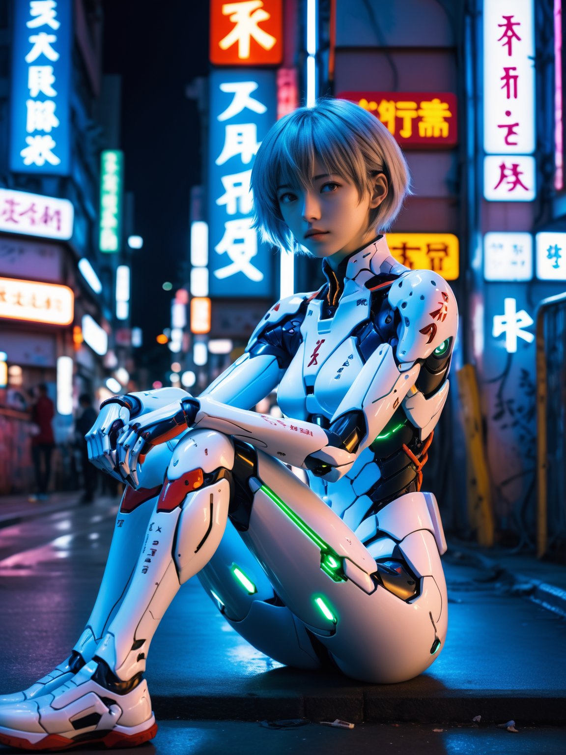 emotional photograph, ultra highly intricate detailed 8k, UHD, professional photo, world's most beautiful cyborg ayanami rei in evangelion sitting, street fashion model, cyberpunk 2077, neon signs, natural light, at night