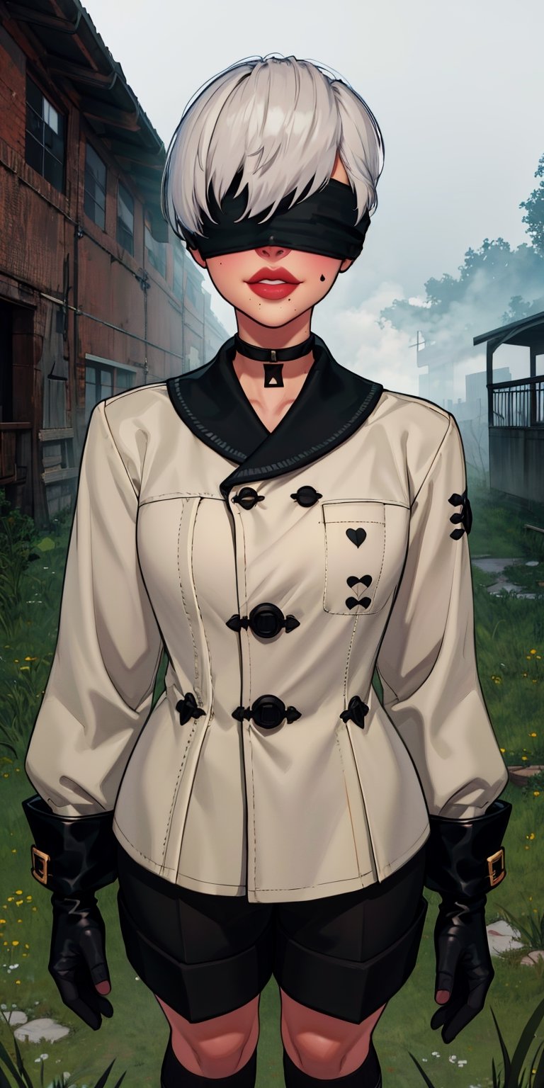 Yorha white hair,black blindfold,short hair,black choker,covered eyes,lips,mole under mouth,  standing, upper body,  smile, 
Ygear, black gloves,long sleeves ,black footwear, black shorts, black socks,black jacket,buttons,
deserted school yard, fog,  grass, 
(insanely detailed, beautiful detailed face, masterpiece, best quality)    