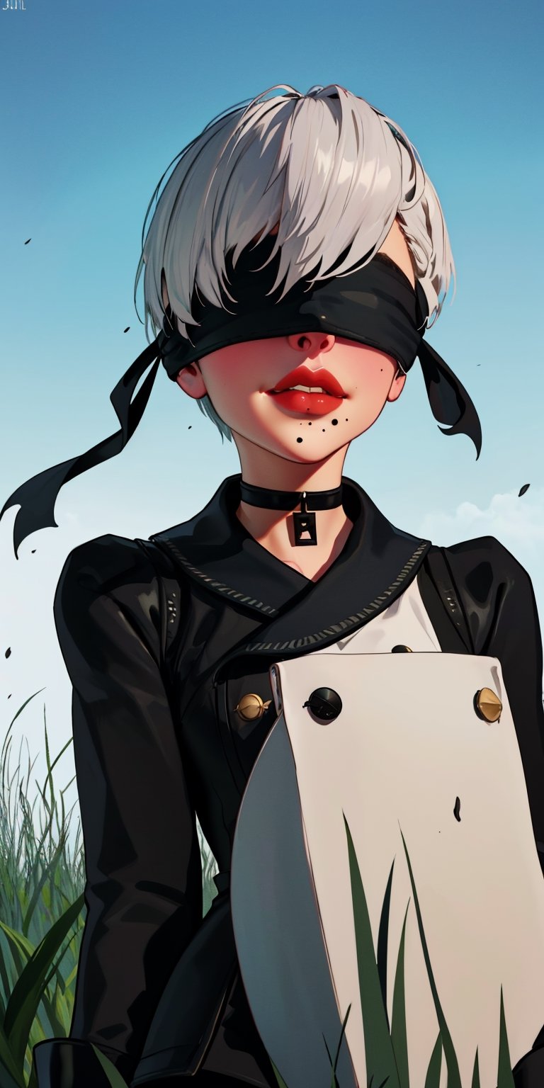 Yorha white hair,black blindfold,short hair,black choker,covered eyes,lips,mole under mouth,  standing, upper body,  smile, 
Ygear, black gloves,long sleeves ,black footwear, black shorts, black socks,black jacket,buttons,
deserted school yard, fog,  grass, 
(insanely detailed, beautiful detailed face, masterpiece, best quality)    