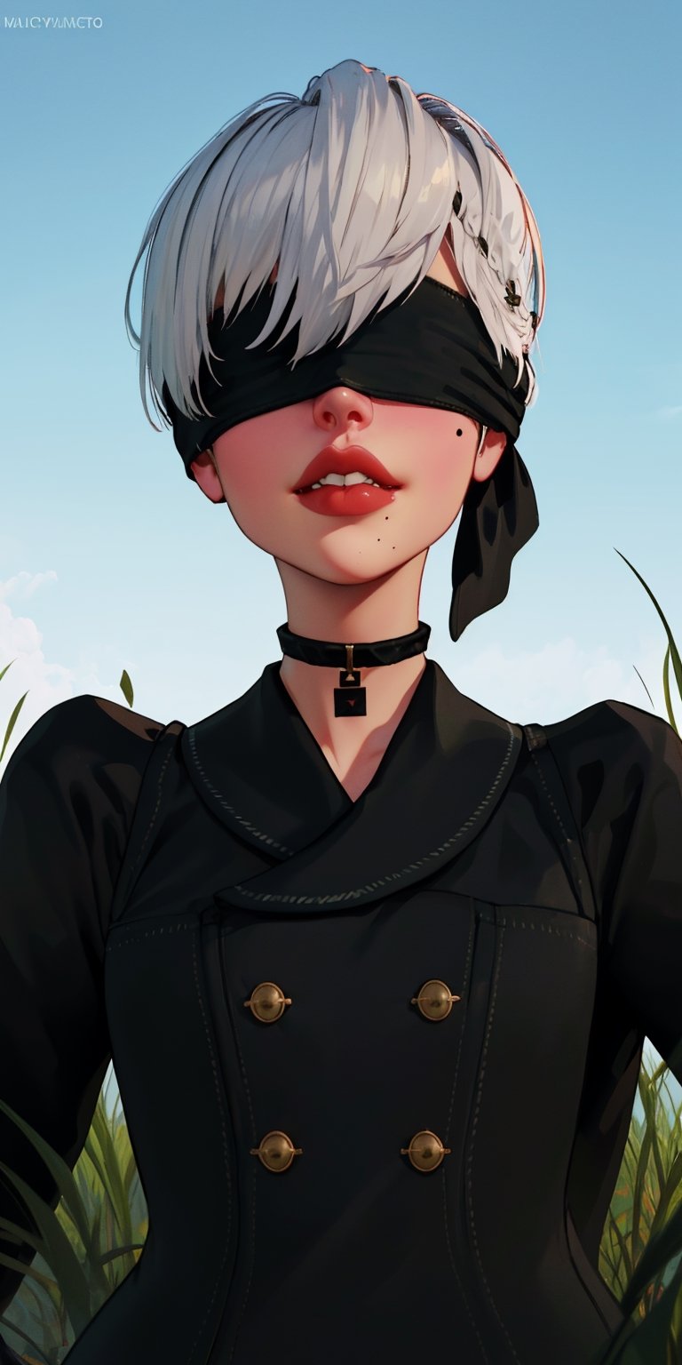 Yorha white hair,black blindfold ,short hair,black choker,covered eyes,lips,mole under mouth, 
upper body, smile,
 Ygear, black gloves,long sleeves ,black footwear, black shorts, black socks,black jacket,buttons, 
deserted school yard, fog, grass, 
(insanely detailed, beautiful detailed face, masterpiece, best quality)
 