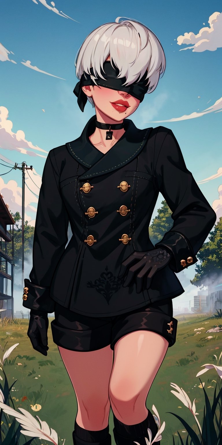 Yorha white hair,black blindfold,short hair,black choker,covered eyes,lips,mole under mouth,  standing, upper body,  smile, 
Ygear, black gloves,long sleeves ,black footwear, black shorts, black socks,black jacket,buttons,
deserted school yard, fog,  grass, 
(insanely detailed, beautiful detailed face, masterpiece, best quality)    