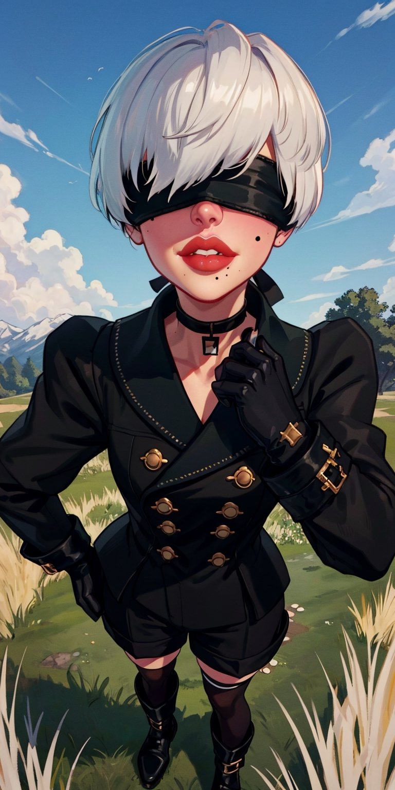 Yorha white hair,black blindfold,short hair,black choker,covered eyes,lips,mole under mouth,  standing, upper body,  smile, 
Ygear, black gloves,long sleeves ,black footwear, black shorts, black socks,black jacket,buttons,
deserted school yard, fog,  grass, 
(insanely detailed, beautiful detailed face, masterpiece, best quality)    