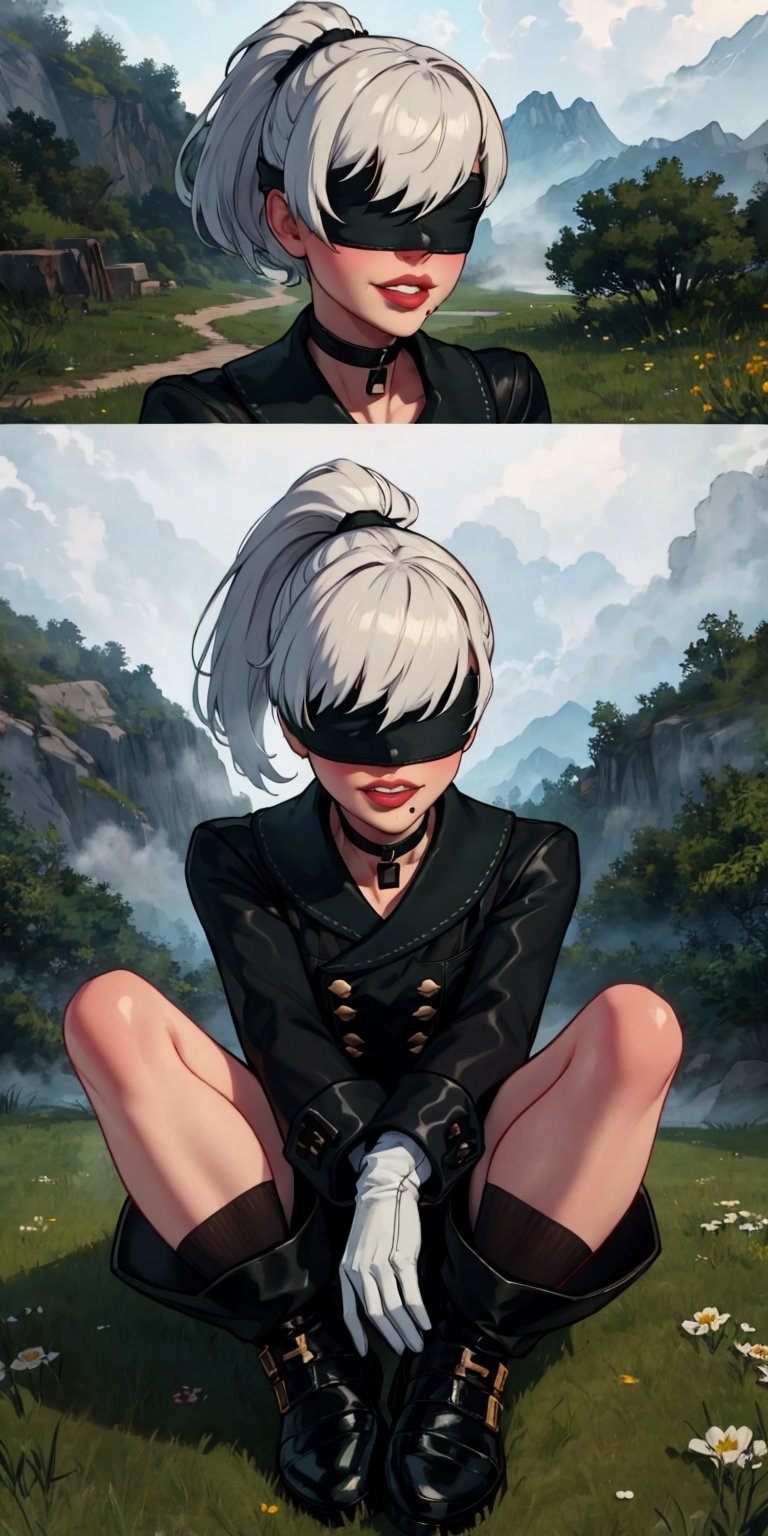 Yorha white hair,black blindfold,short hair,black choker,covered eyes,lips,mole under mouth,  upper body,  smile,   sitting,  ponytail, 
Ygear, black gloves,long sleeves ,black footwear, black shorts, black socks,black jacket,buttons,
deserted school yard, fog,  grass, 
(insanely detailed, beautiful detailed face, masterpiece, best quality)    