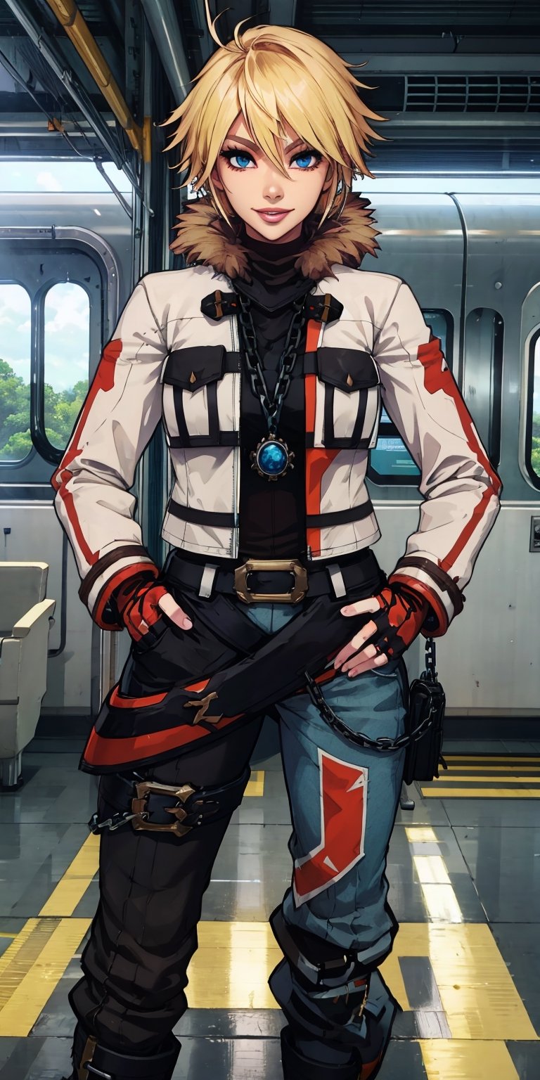 Leo,blonde hair,solo,short hair,blue eyes,lips,standing,upper body,smile,hands in pockets,
Lgear,chain,gloves,fingerless gloves,belt,fur trim,pants,white jacket,boots,long sleeves,black footwear,jewelry,
on train,morning,
(insanely detailed, beautiful detailed face, masterpiece, best quality)  ,Lgear