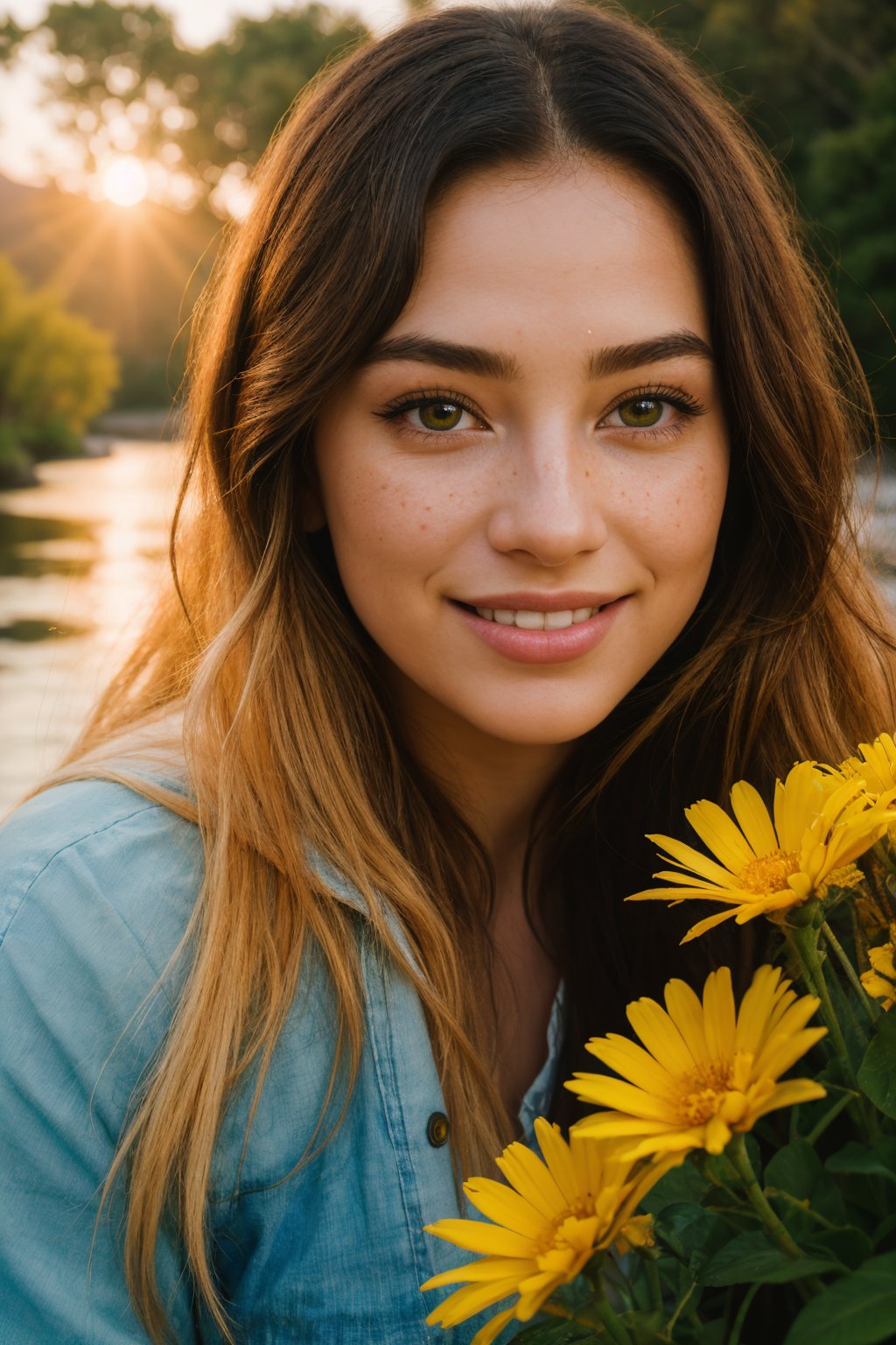 (best quality,8k,highres,masterpiece:1.2),photorealistic,ultra-detailed,vibrant photography of a woman in nature, cute smile,dramatic lighting,finely detailed beautiful eyes,fine detailed skin,Natural scenery,majestic landscape,colorful flowers,distant mountains,flowing rivers,melting sunset,serene atmosphere,dazzling sunlight,blissful vibes,freckled face,luscious greenery,soft breeze,ethereal beauty