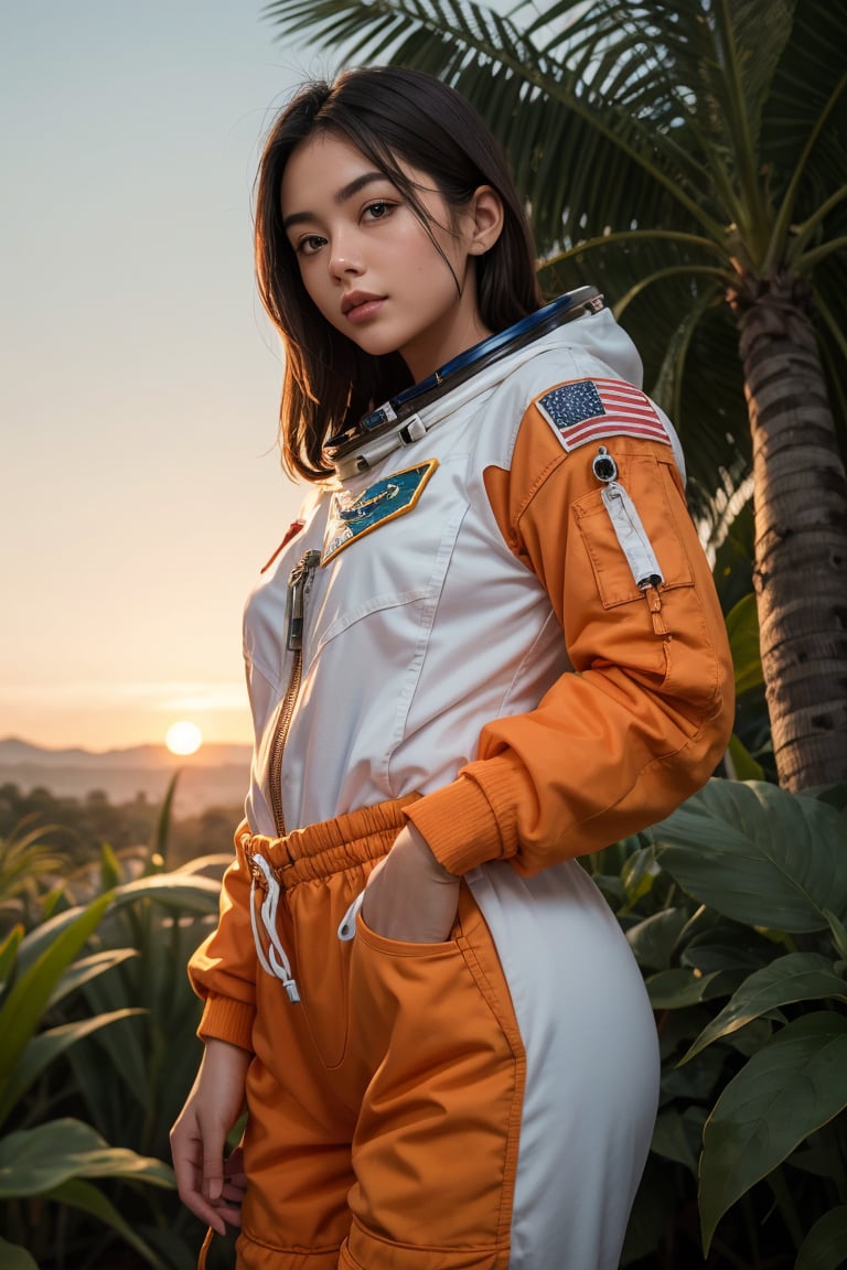 An astronaut in an orange astronaut outfit, standing against a sunset background. The astronaut is positioned front facing and is shown from the waist up. The sunset provides a warm and vibrant color palette. The scene is surrounded by lush plants, adding a touch of nature to the composition. The image quality is top-notch and high-resolution, with ultra-detailed features. The style of the artwork is realistic, with vivid colors and professional craftsmanship. The lighting accentuates the astronaut's figure, creating a captivating atmosphere,   , 