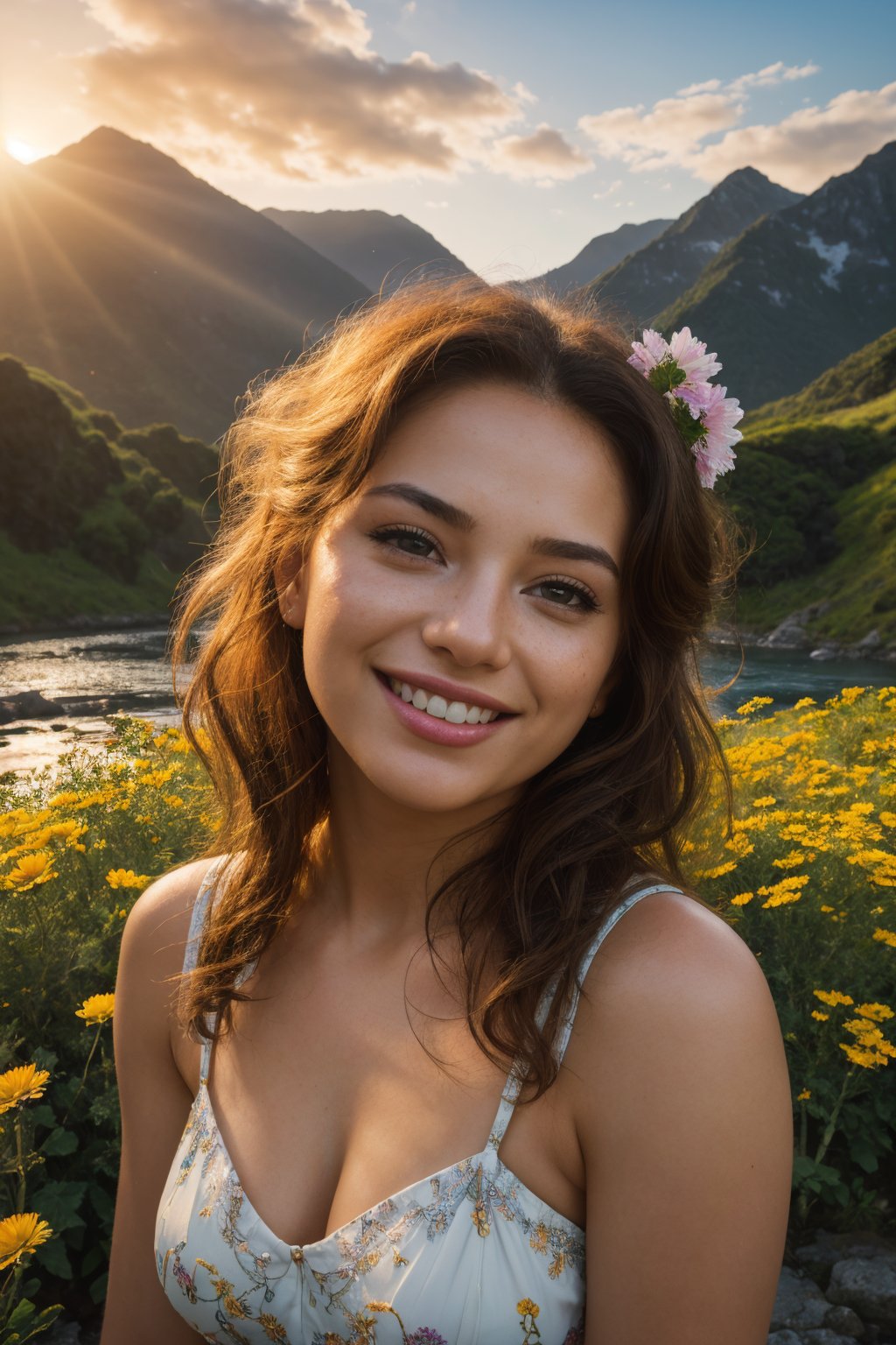 (best quality,8k,highres,masterpiece:1.2),photorealistic,ultra-detailed,vibrant photography of a woman in nature, cute smile,dramatic lighting,finely detailed beautiful eyes,fine detailed skin,Natural scenery,majestic landscape,colorful flowers,distant mountains,flowing rivers,melting sunset,serene atmosphere,dazzling sunlight,blissful vibes,freckled face,luscious greenery,soft breeze,ethereal beauty