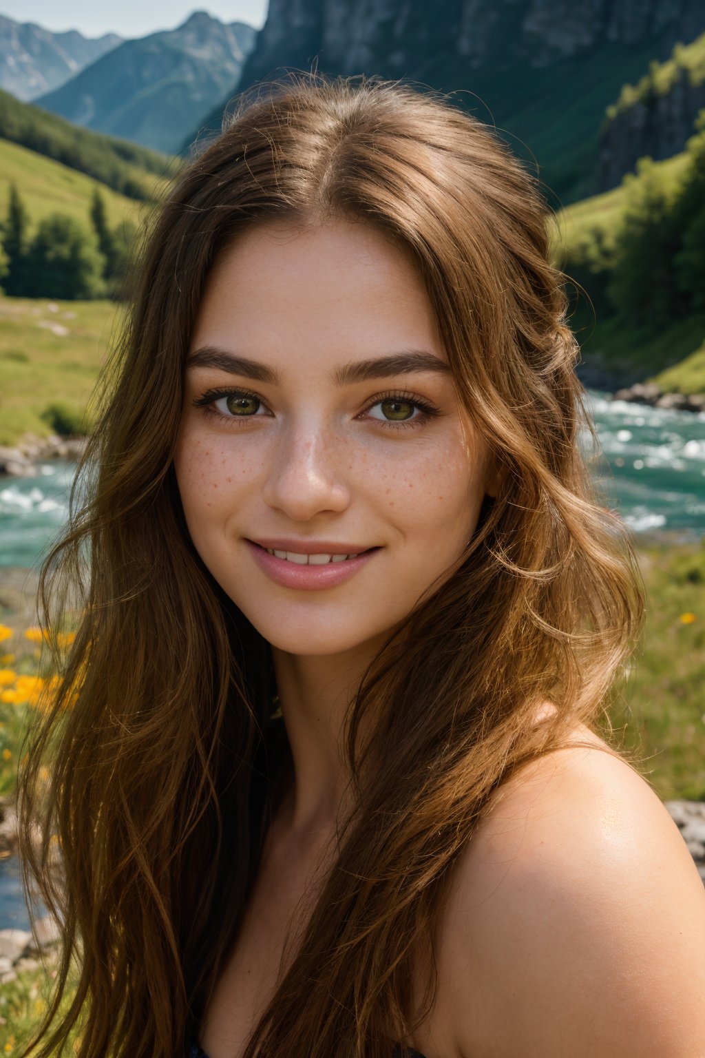 (best quality,8k,highres,masterpiece:1.2),photorealistic,ultra-detailed,vibrant photography of a woman in nature, cute smile,dramatic lighting,finely detailed beautiful eyes,fine detailed skin,Natural scenery,majestic landscape,colorful flowers,distant mountains,flowing rivers,melting sunset,serene atmosphere,dazzling sunlight,blissful vibes,freckled face,luscious greenery,soft breeze,ethereal beauty