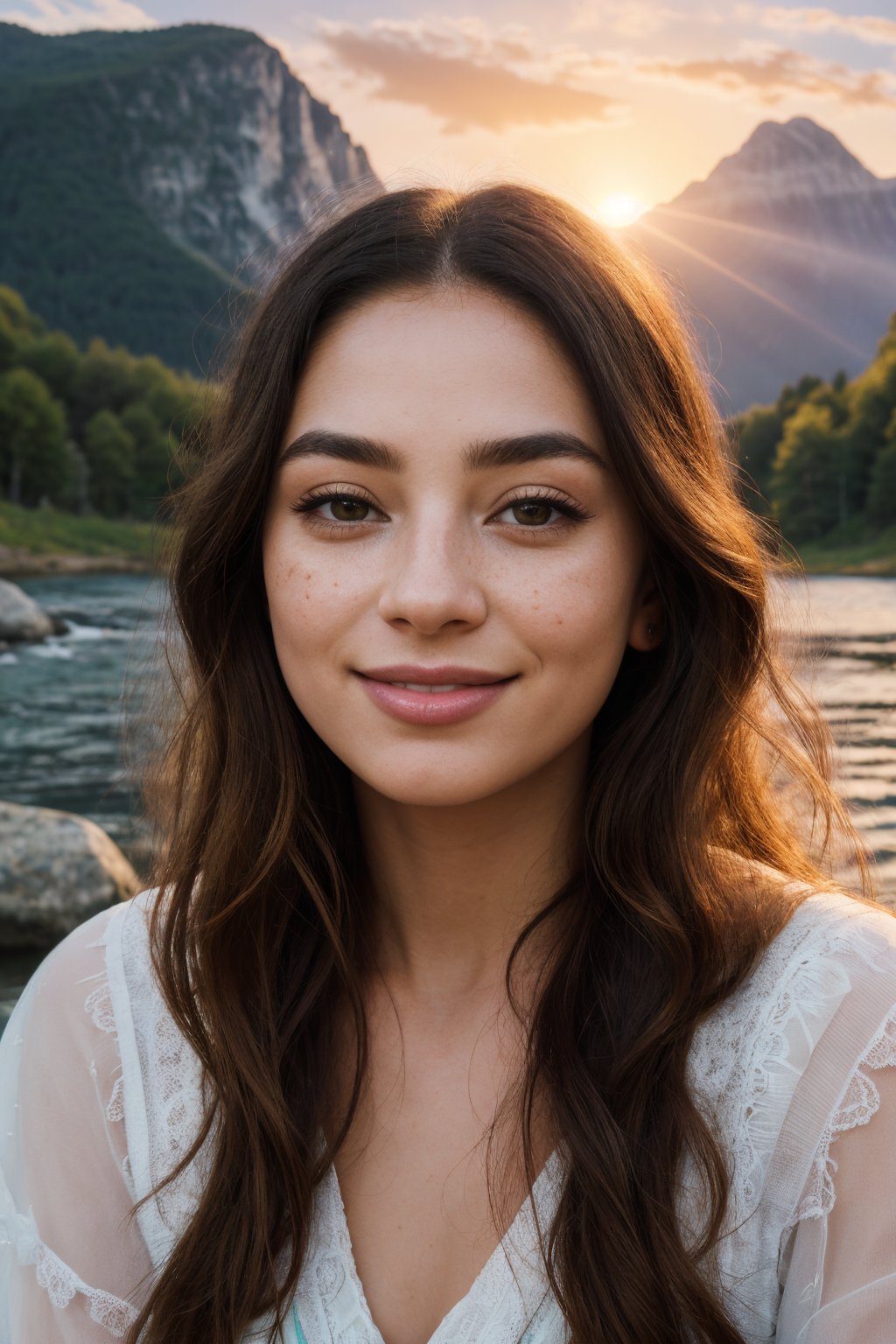 (best quality,8k,highres,masterpiece:1.2),photorealistic,ultra-detailed,vibrant photography of a woman in nature, cute smile,dramatic lighting,finely detailed beautiful eyes,fine detailed skin,Natural scenery,majestic landscape,colorful flowers,distant mountains,flowing rivers,melting sunset,serene atmosphere,dazzling sunlight,blissful vibes,freckled face,luscious greenery,soft breeze,ethereal beauty