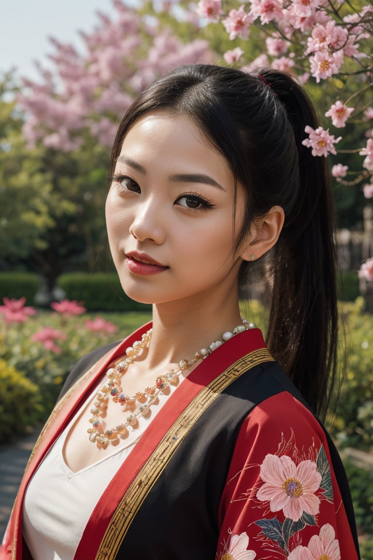 1girl,  beautiful detailed eyes,  beautiful detailed lips,  extremely detailed eyebrows and face,  long eyelashes,  stripe bead necklace,  black hair styled in a spiked ponytail,  wearing a simple kimono with red open clothes. The artwork is created using oil paint on canvas,  with high resolution and ultra-detailed brushstrokes. The painting showcases a picturesque garden scene with vibrant colors and vivid flowers in full bloom. The girl is depicted standing gracefully amidst the floral landscape,  her posture conveying a sense of tranquility and elegance. The lighting in the painting is soft and ethereal,  casting gentle shadows on the girl's face and adding depth to the overall composition. The color palette is dominated by various shades of red,  creating a warm and inviting atmosphere. The art style blends elements of traditional Japanese art with a touch of contemporary flair,  resulting in a captivating fusion of East-meets-West aesthetics,<lora:EMS-52083-EMS:0.800000>