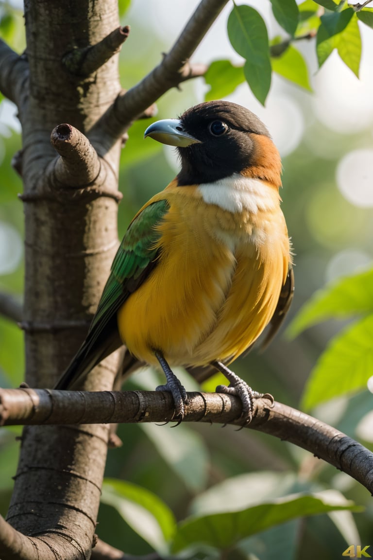 a colorful bird sitting on a tree branch, capturing the intricate details with macro photography, vibrant colors and the smallest of details, showcasing the beauty of nature, (best quality, 4K, highres, realistic:1.37) to ensure a masterpiece, capturing the bird's feather patterns in ultra-detailed precision, emphasizing the distinct hues and shades, highlighting the bird's unique characteristics, the luscious green of the tree branch contrasting with the rich, vibrant colors of the bird, creating a visually stunning image, with studio lighting to enhance the bird's features, capturing its beady eyes and delicate beak, the soft glow of natural sunlight illuminating the scene, creating a warm and welcoming atmosphere.