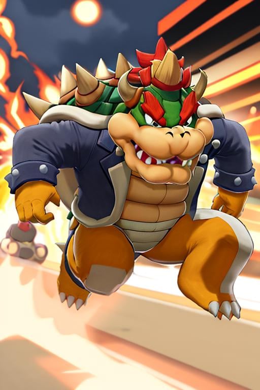 masterpiece, best quality, bowser, wearing suit, running <lora:Bowser-000010:1>