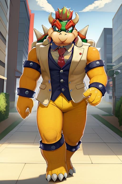 masterpiece, best quality, bowser, wearing suit, walking <lora:Bowser-000010:1>