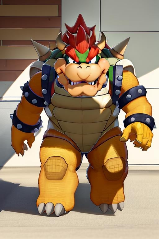 masterpiece, best quality, bowser, wearing mech, walking <lora:Bowser-000010:1>