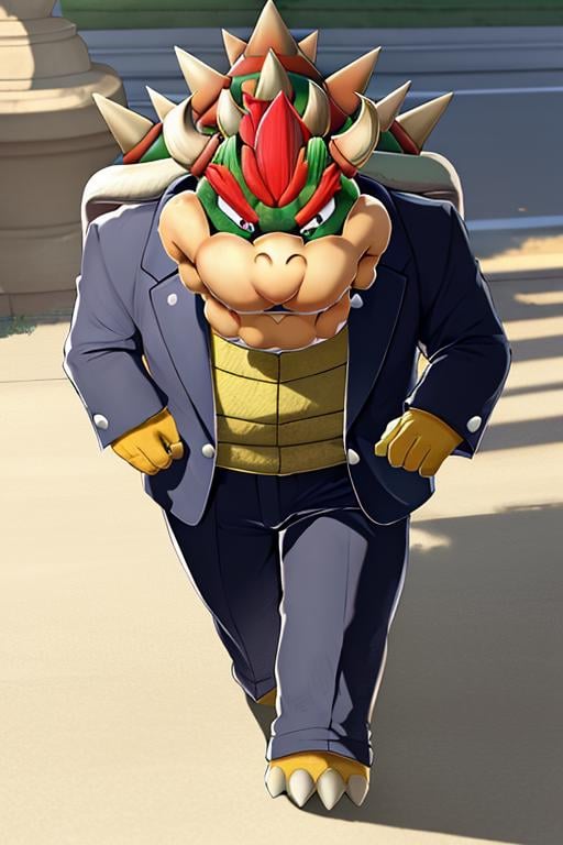 masterpiece, best quality, bowser, wearing suit, walking <lora:Bowser-000010:1>