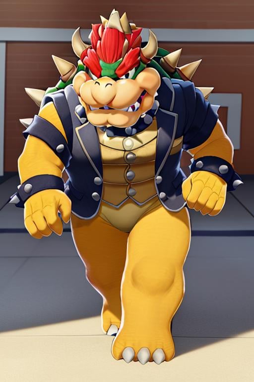 masterpiece, best quality, bowser, wearing suit, walking <lora:Bowser-000010:1>