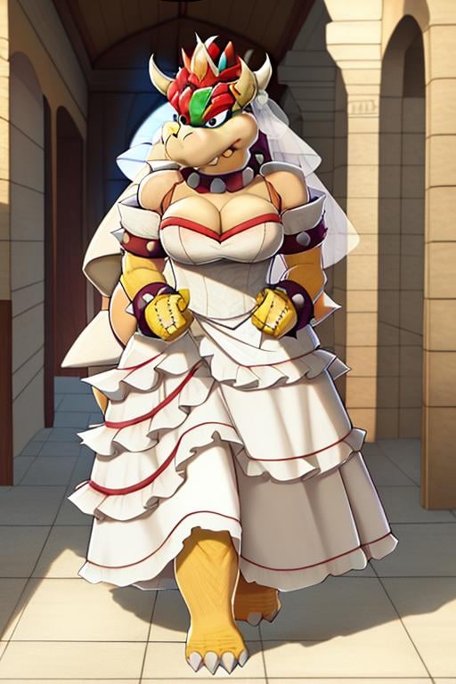 masterpiece, best quality, bowser, wearing wedding dress, walking <lora:Bowser-000010:1>