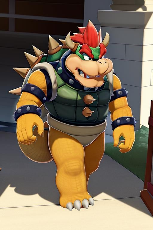 masterpiece, best quality, bowser, wearing suit, walking <lora:Bowser-000010:1>