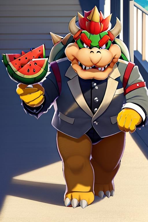 masterpiece, best quality, bowser, wearing suit, walking <lora:Bowser-000010:1>, eating watermelon