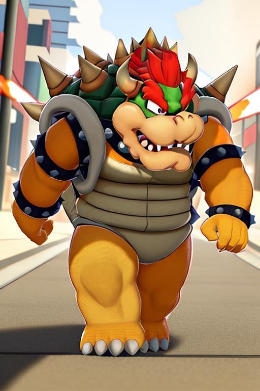 masterpiece, best quality, bowser, wearing suit, walking <lora:Bowser-000010:1>, breathing fire