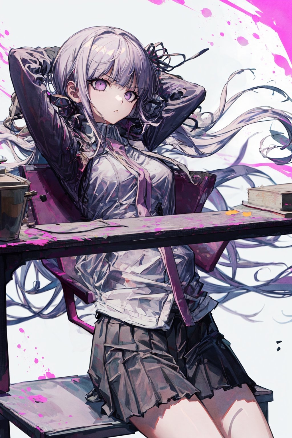 best quality, masterpiece, highres, 1girl, solo, Kirigiri Kyoko, Danganronpa, sitting on a chair, serious face, arms on the table, floating hair, 