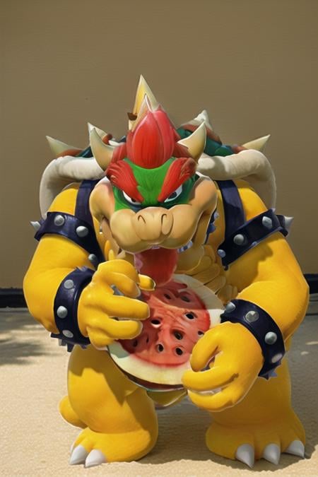 <lora:Bowser:1>, bowser, eating watermelon, masterpiece, best quality