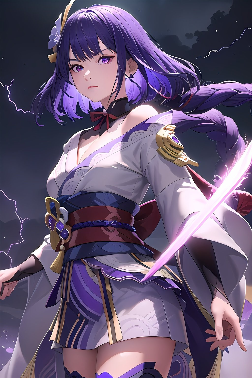  raidenshogundef, original,
masterpiece, best_quality,
stand still in front of a torii, (purple flash sword in hand:1.5), serious face, (there is a mole at the corner of the eye:1.2), a purple lightning halo behind