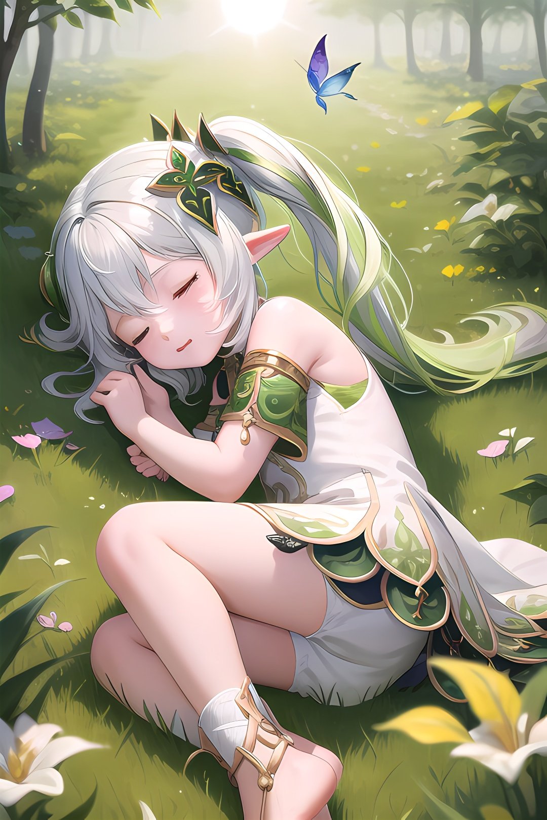  (masterpiece), (best_quality), (original),
nahidadef lies on the ground, curled up like a baby, closed eyes, 5 years old, gloom, forest, grass, flowers, cute animals, birds, butterfly, (sun), sunlight, (dazzle:1.2),watercolor