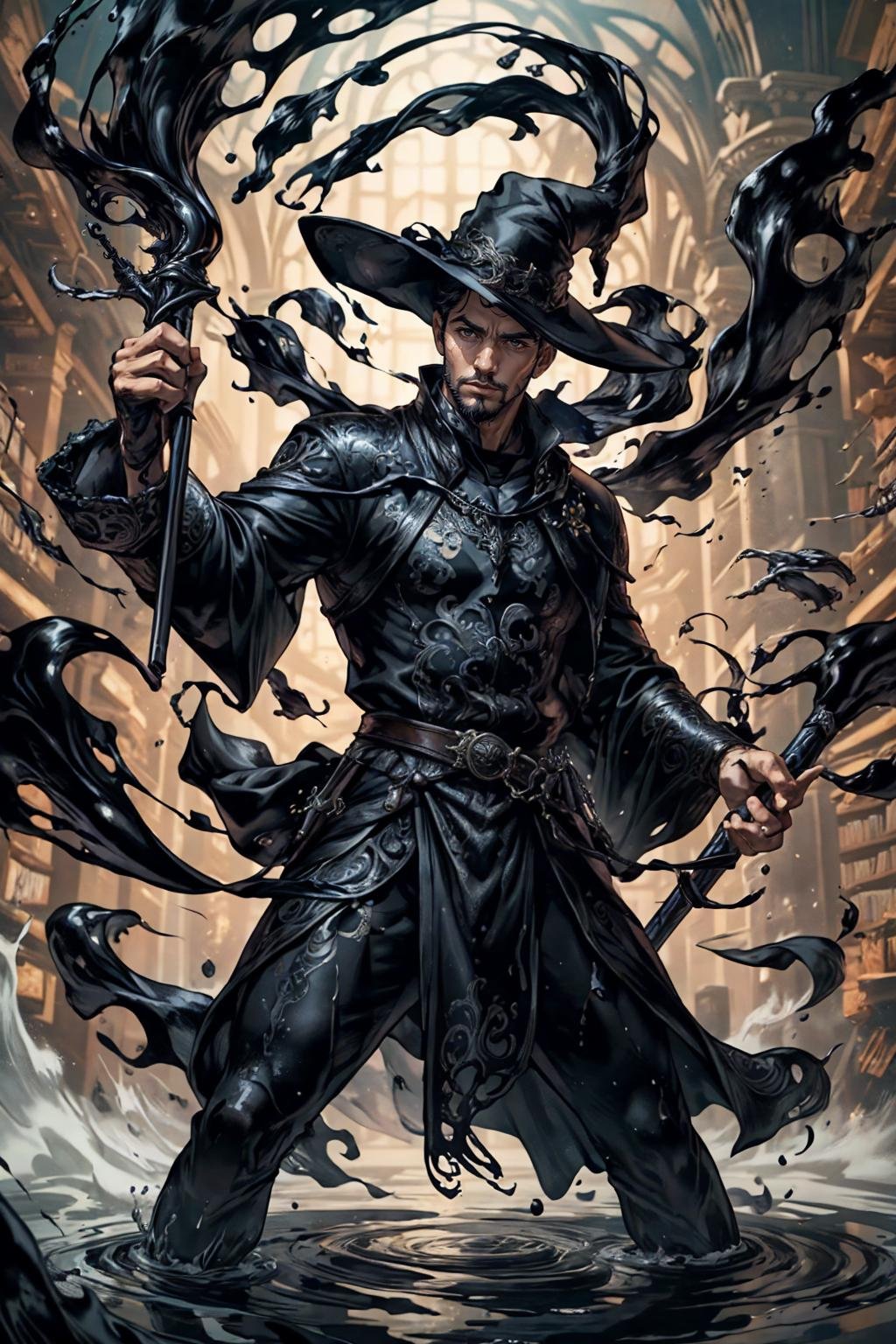 shad0wmancer, photo of a man, ink, ((swirling black ink)), medieval fantasy, library, wizard robe, dynamic pose, holding staff, realistic, masterpiece, intricate details, detailed background, depth of field,