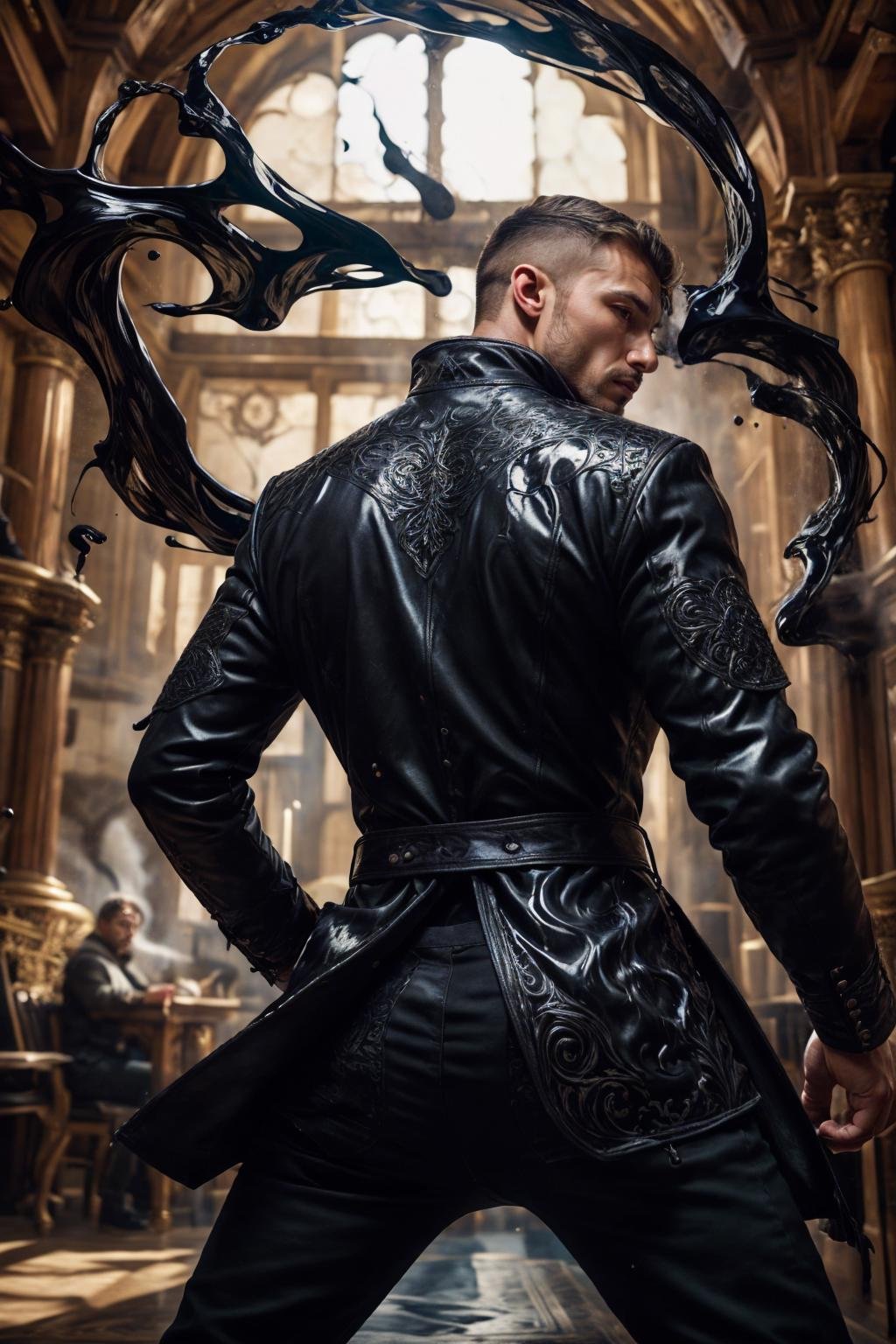 shad0wmancer, photo of a man, (ink), (swirling black liquid), medieval fantasy, indoors, coat, pants, cowboy shot, dynamic pose, back, realistic, masterpiece, intricate details, detailed background, depth of field,