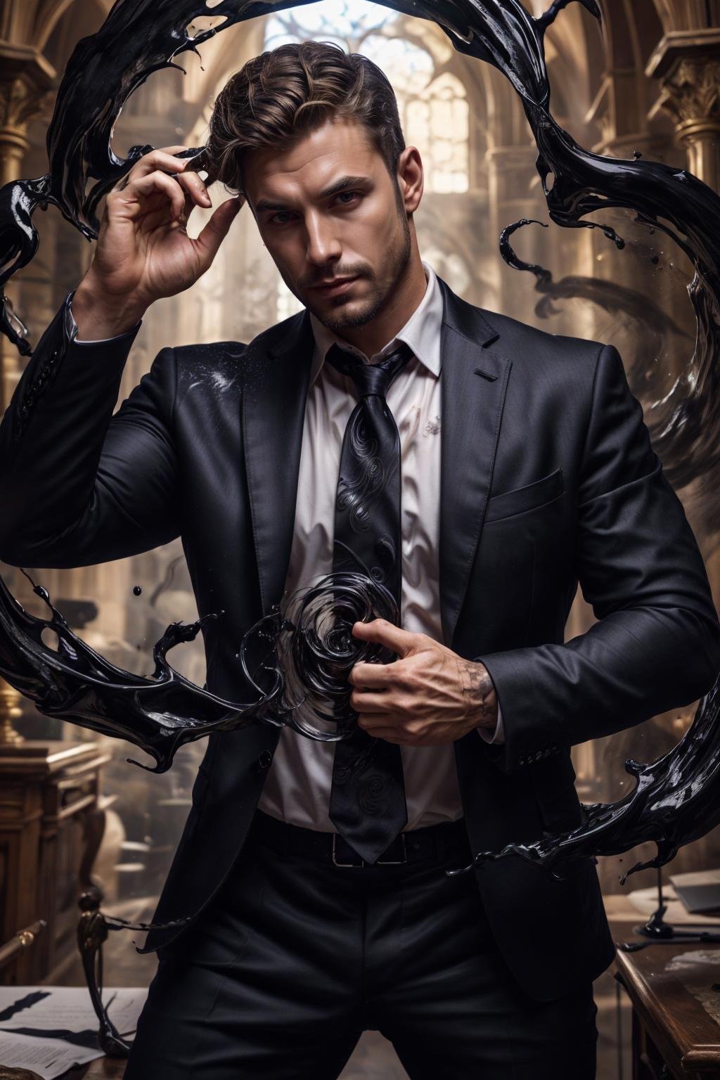 shad0wmancer, photo of a man, ink, ((swirling black ink)), medieval fantasy, office, business suit, dynamic pose, shirt, pants, necktie, realistic, masterpiece, intricate details, detailed background, depth of field,