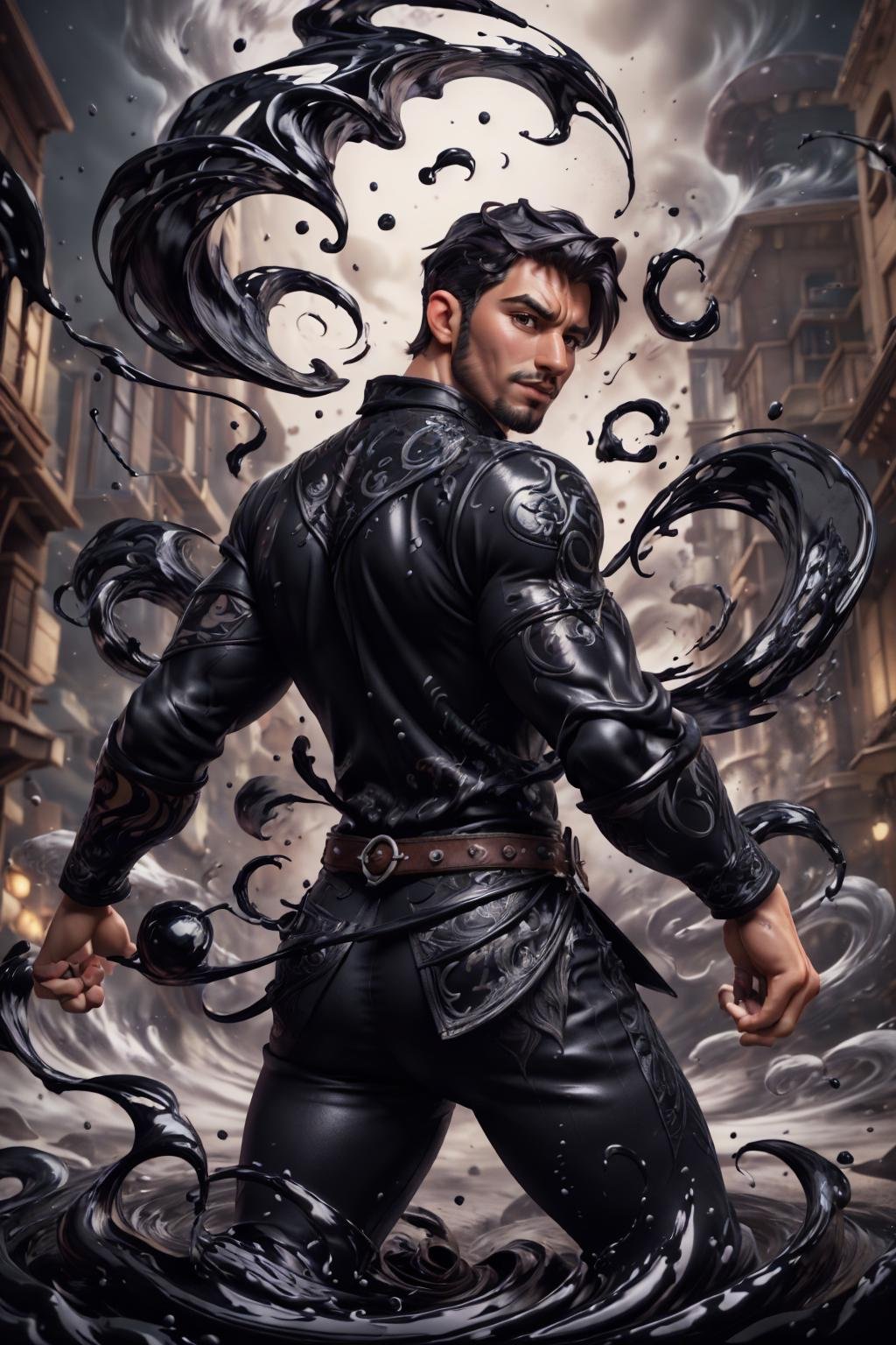 shad0wmancer, photo of a man, ink, ((swirling black ink)), medieval fantasy, city, street, casual clothes, dynamic pose, back, best quality, masterpiece, highly detailed, realistic, (detailed background), depth of field, soft focus, intricate details, 8k, cartoon, 3d