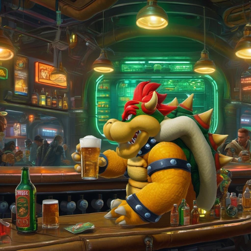 best quality, highly detailed,masterpiece,ultra-detailed,illustration, Create a futuristic and cyberpunk world that embodies the essence of the art of science fiction. <lora:Bowserxl:1>, Bowser is drinking beer at bar