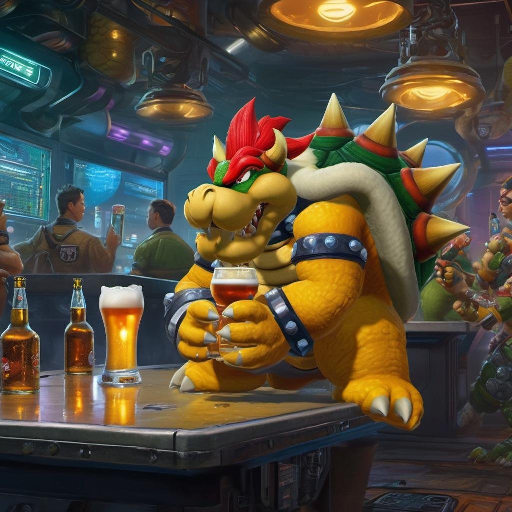 best quality, highly detailed,masterpiece,ultra-detailed,illustration, Create a futuristic and cyberpunk world that embodies the essence of the art of science fiction. <lora:Bowserxl:1>, Bowser is drinking beer at bar