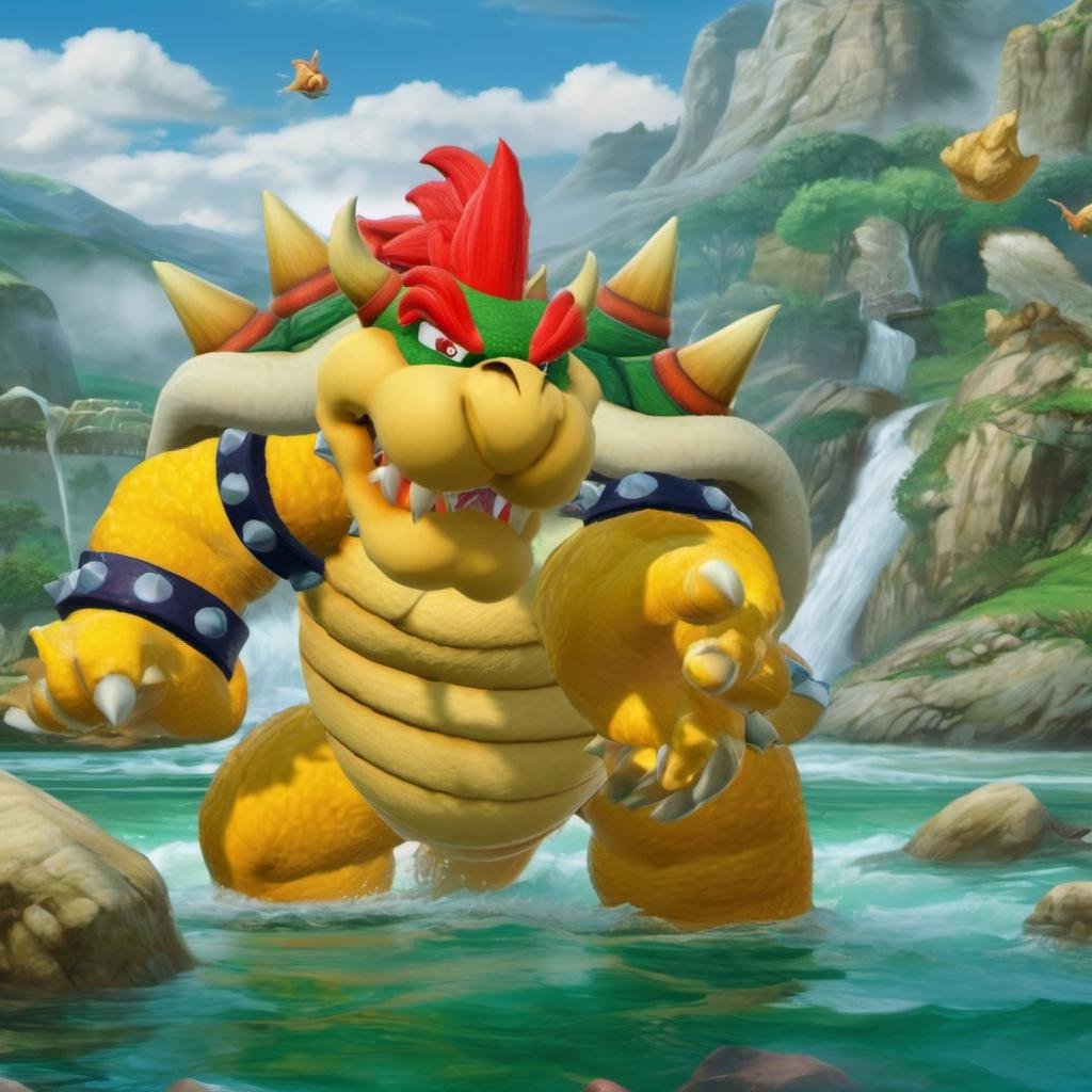 best quality, highly detailed,masterpiece,ultra-detailed,illustration, Create a serene and mystical world that embodies the essence of the ancient art of swordplay. <lora:Bowserxl:1>, Bowser is swimming in a river