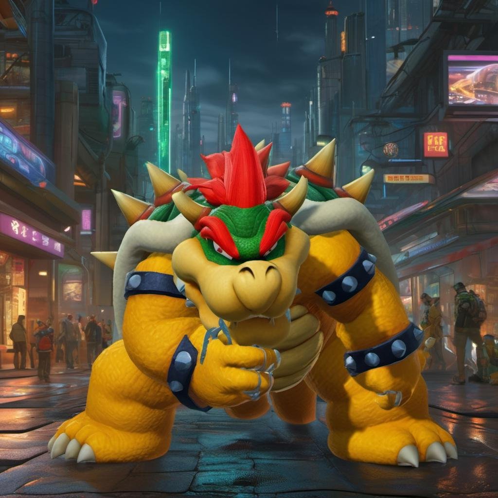 best quality, highly detailed,masterpiece,ultra-detailed,illustration, Create a futuristic and cyberpunk world that embodies the essence of the art of science fiction. <lora:Bowserxl:1>, Bowser is crying in despair in the street