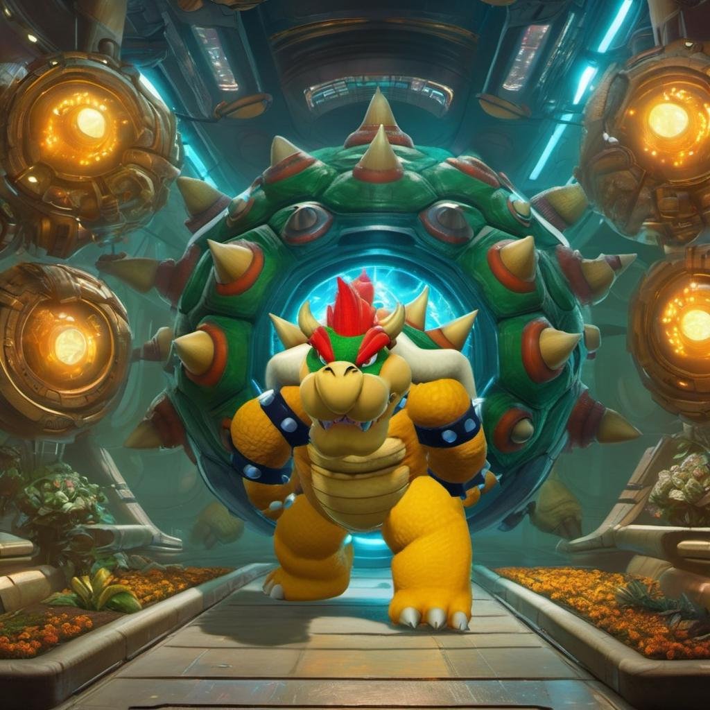 best quality, highly detailed,masterpiece,ultra-detailed,illustration, Create a futuristic and cyberpunk world that embodies the essence of the art of science fiction. <lora:Bowserxl:1>, Bowser is walking through a magic portal