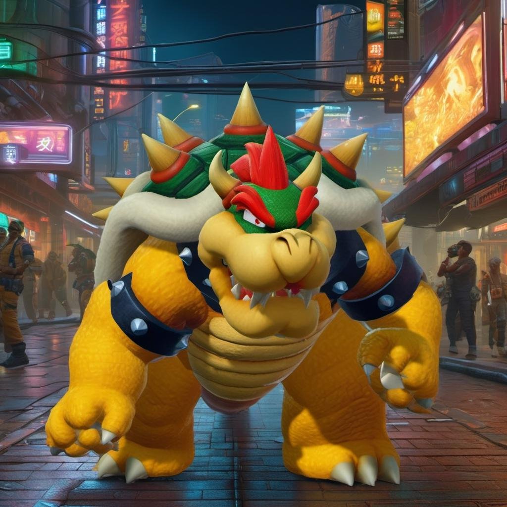 best quality, highly detailed,masterpiece,ultra-detailed,illustration, Create a futuristic and cyberpunk world that embodies the essence of the art of science fiction. <lora:Bowserxl:1>, Bowser is walking on the street