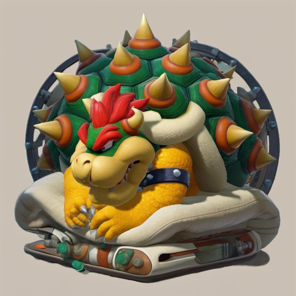 best quality, highly detailed,masterpiece,ultra-detailed,illustration, Create a futuristic and cyberpunk world that embodies the essence of the art of science fiction. <lora:Bowserxl:1>, Bowser is sleeping