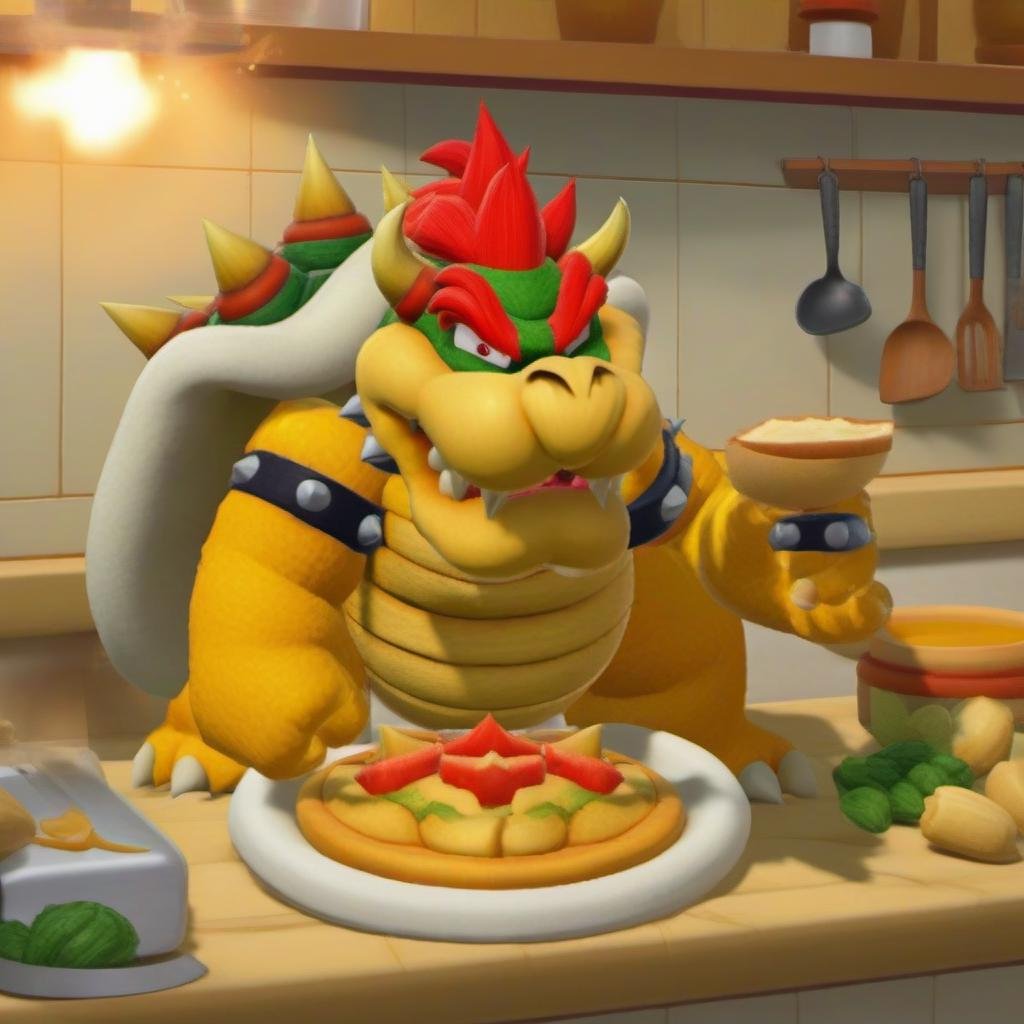 masterpiece, best quality, Bowser, cooking, in kitchen, comic, <lora:Bowserxl:1> 