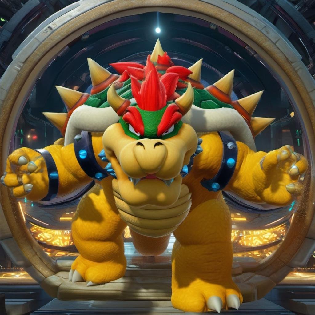 best quality, highly detailed,masterpiece,ultra-detailed,illustration, Create a futuristic and cyberpunk world that embodies the essence of the art of science fiction. <lora:Bowserxl:1>, Bowser is walking through a magic portal