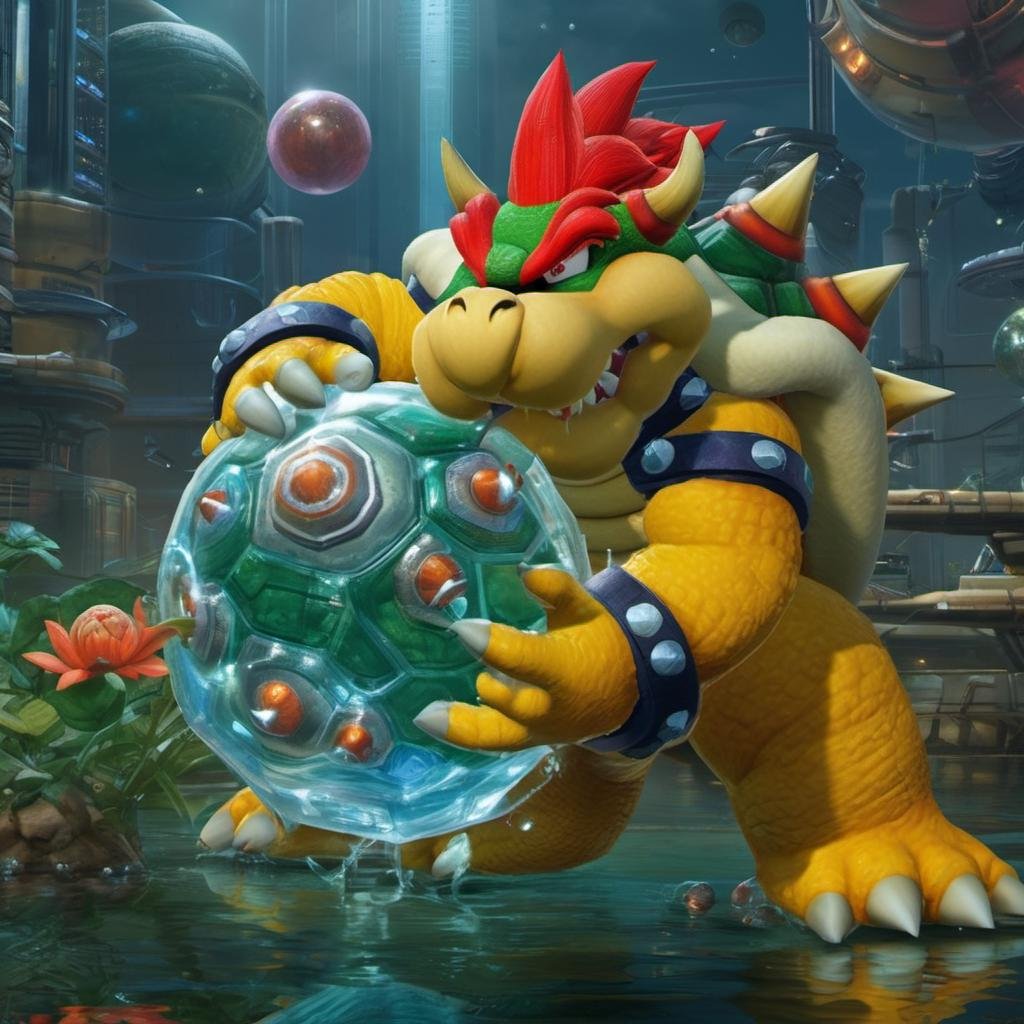 best quality, highly detailed,masterpiece,ultra-detailed,illustration, Create a futuristic and cyberpunk world that embodies the essence of the art of science fiction. <lora:Bowserxl:1>, Bowser is poking a water ball