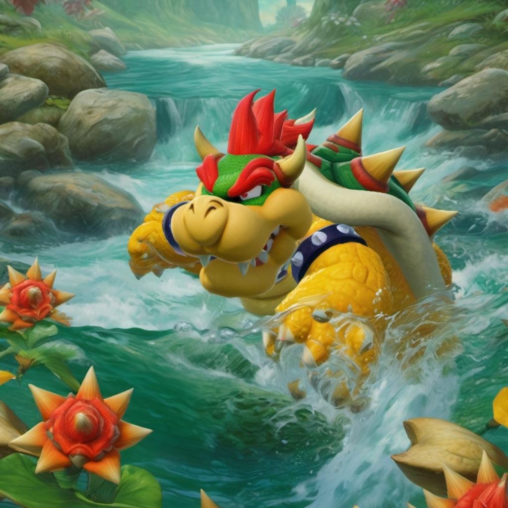 best quality, highly detailed,masterpiece,ultra-detailed,illustration, Create a serene and mystical world that embodies the essence of the ancient art of swordplay. <lora:Bowserxl:1>, Bowser is swimming in a river