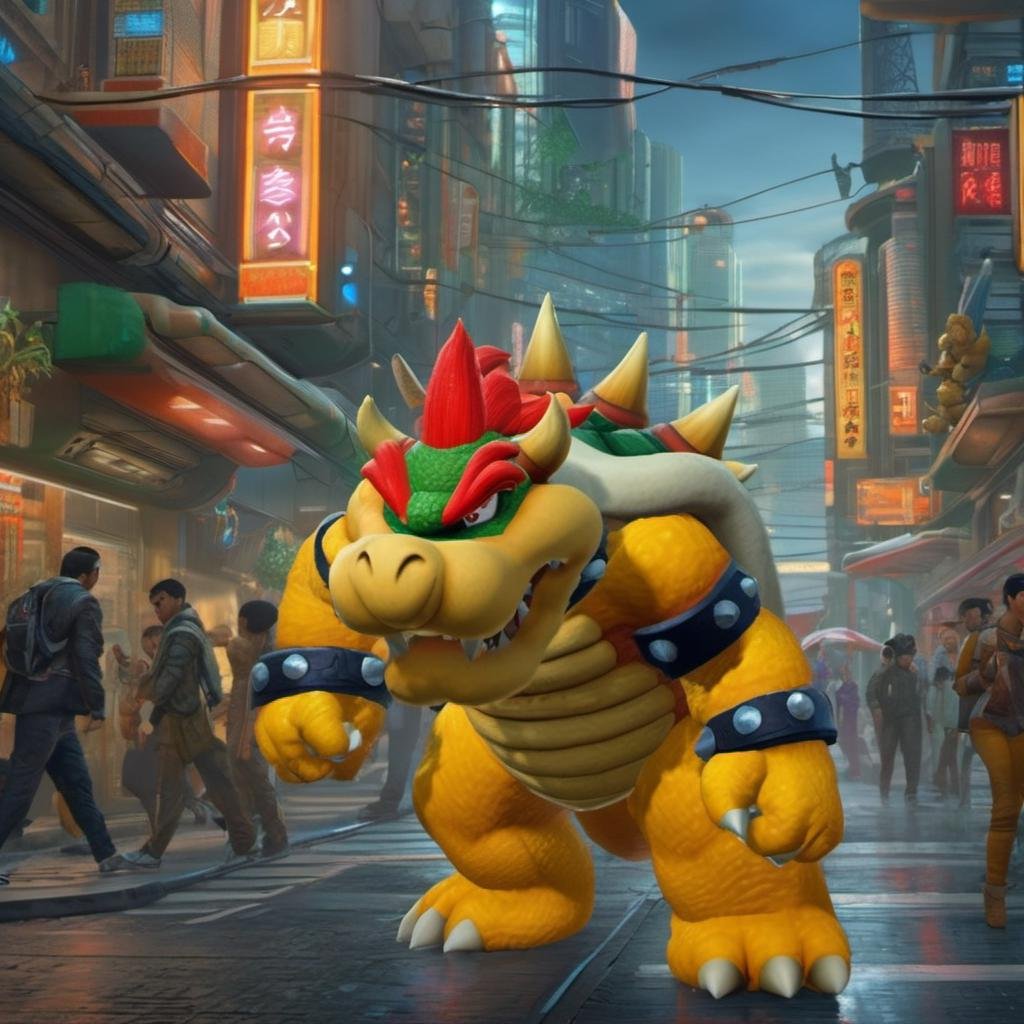 best quality, highly detailed,masterpiece,ultra-detailed,illustration, Create a futuristic and cyberpunk world that embodies the essence of the art of science fiction. <lora:Bowserxl:1>, Bowser is walking on the street