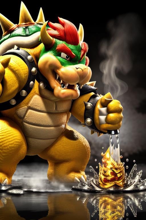 modelshoot style, (extremely detailed 8k wallpaper), bowser drinking water, Intricate, High Detail, dramatic