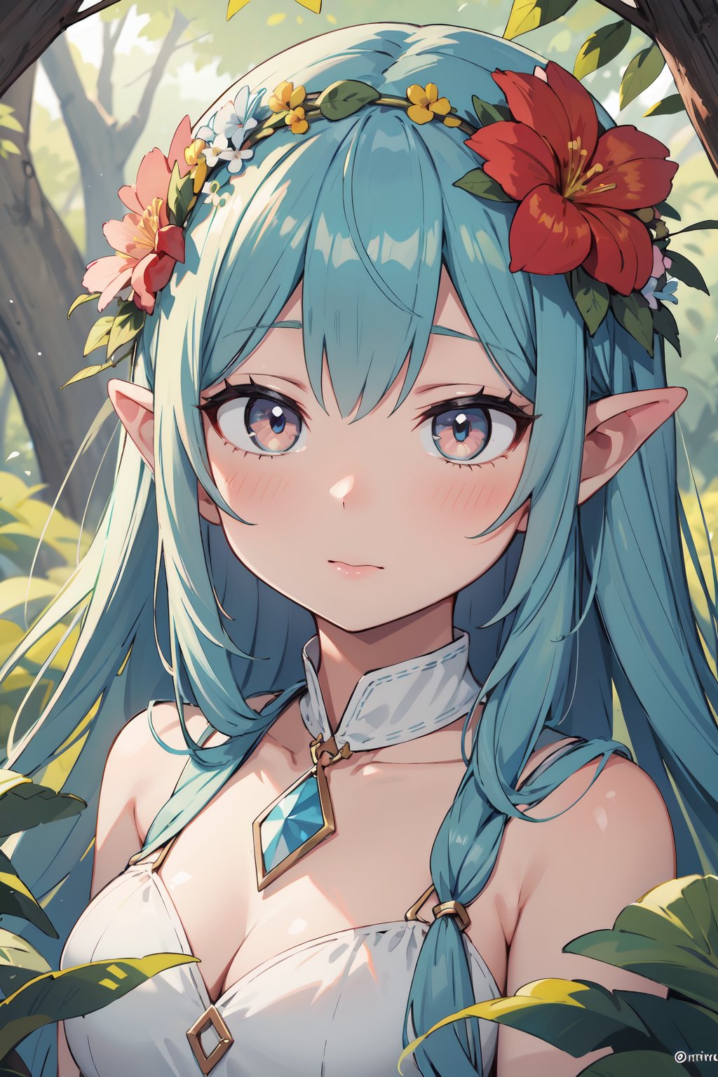 absurdres, highres, ultra detailed, (1girl:1.3), portrait, close-up,BREAK, woodland nymph tunic, floral wreath, barefoot sandals