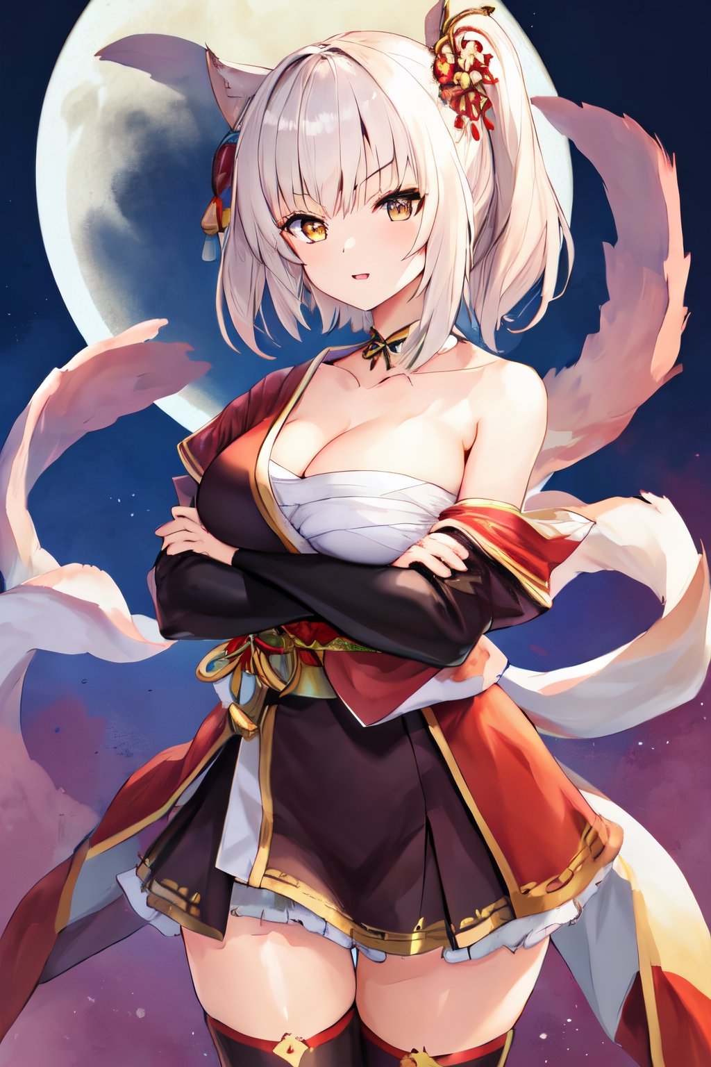 1girl, large breasts, off shoulder, japanese clothes, chest sarashi, crossed arms, thighhighs, sash, background full moon